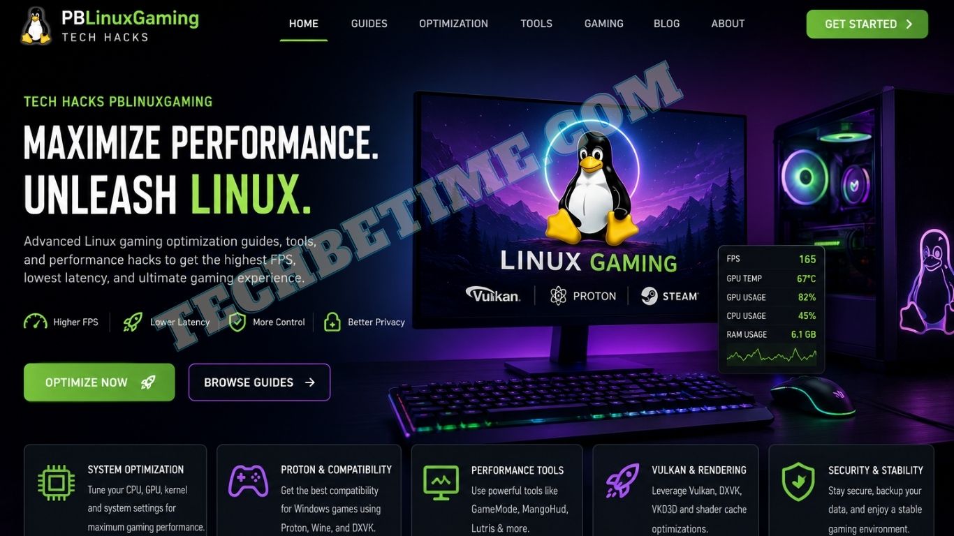 Tech Hacks PBLinuxGaming Linux gaming optimization setup with Vulkan, Proton, Steam Play, RGB gaming PC, and performance monitoring dashboard