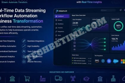 Pinaflux dashboard showing real-time data streaming, workflow automation, analytics, and cloud integrations for modern businesses.
