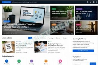 Modern OnlyWorkMoods com homepage showing a clean multi-niche blog website layout with categories like productivity, finance, technology, business, and lifestyle in a professional UI design
