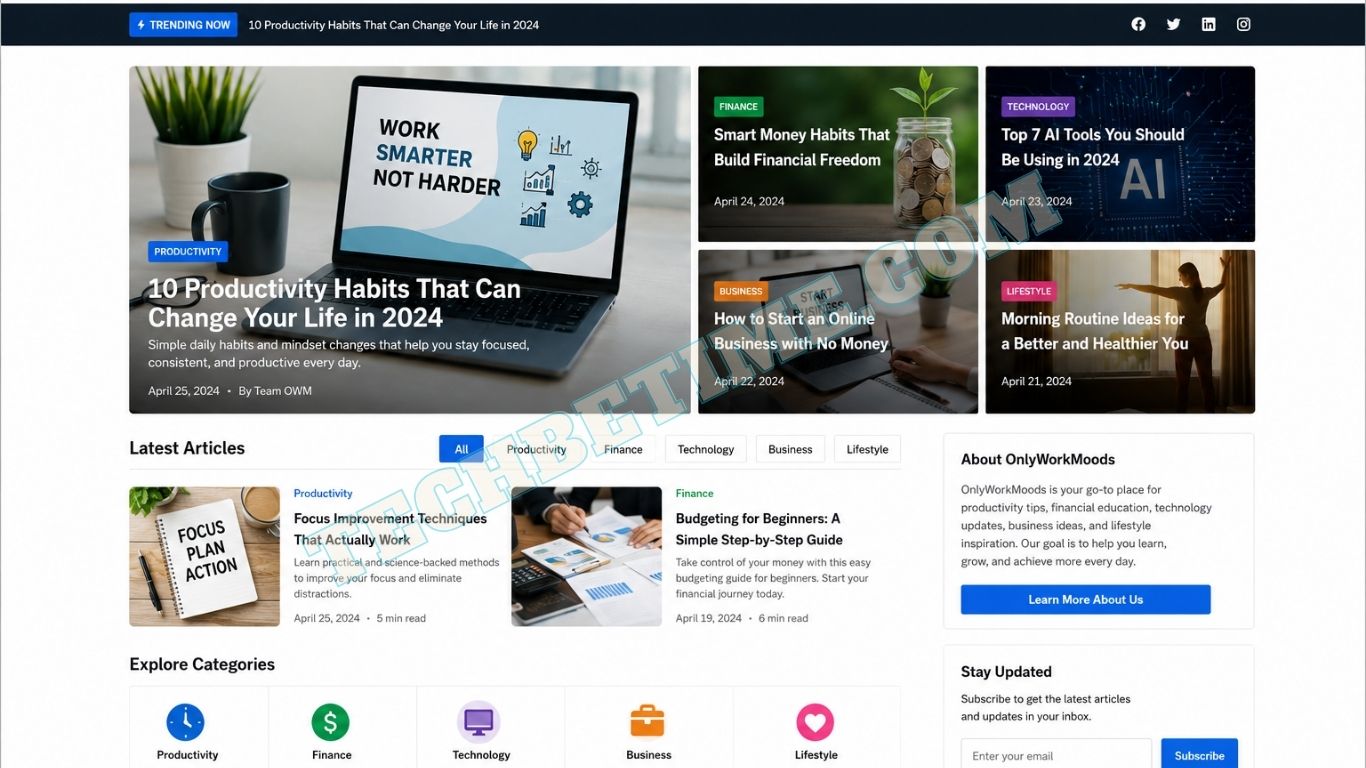 Modern OnlyWorkMoods com homepage showing a clean multi-niche blog website layout with categories like productivity, finance, technology, business, and lifestyle in a professional UI design