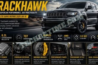 Black Jeep Grand Cherokee Trackhawk performance SUV featuring a 6.2L Supercharged Hellcat V8 engine with aggressive styling on an open road.