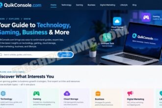 QuikConsole.com website design featuring technology, gaming, cloud storage, and business guides.