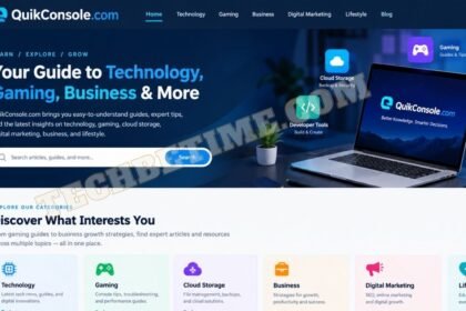 QuikConsole.com website design featuring technology, gaming, cloud storage, and business guides.