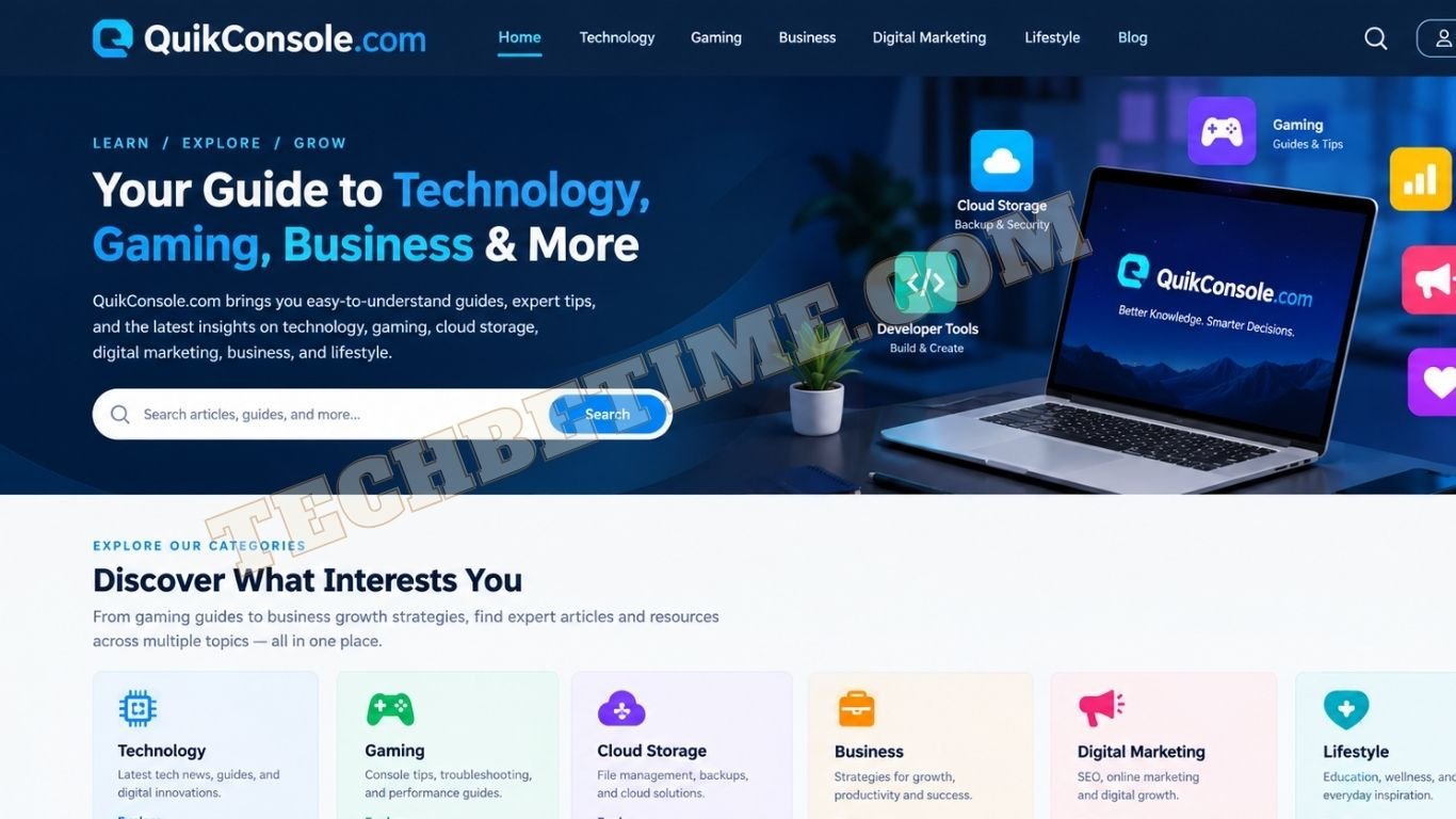 QuikConsole.com website design featuring technology, gaming, cloud storage, and business guides.